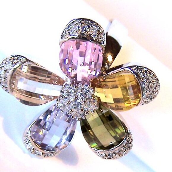 Multicolor Pastel Rainbow Cubic Zirconia Bloom Cz Chunky Big Flower Ring Size 8 - Picture 2 of 5